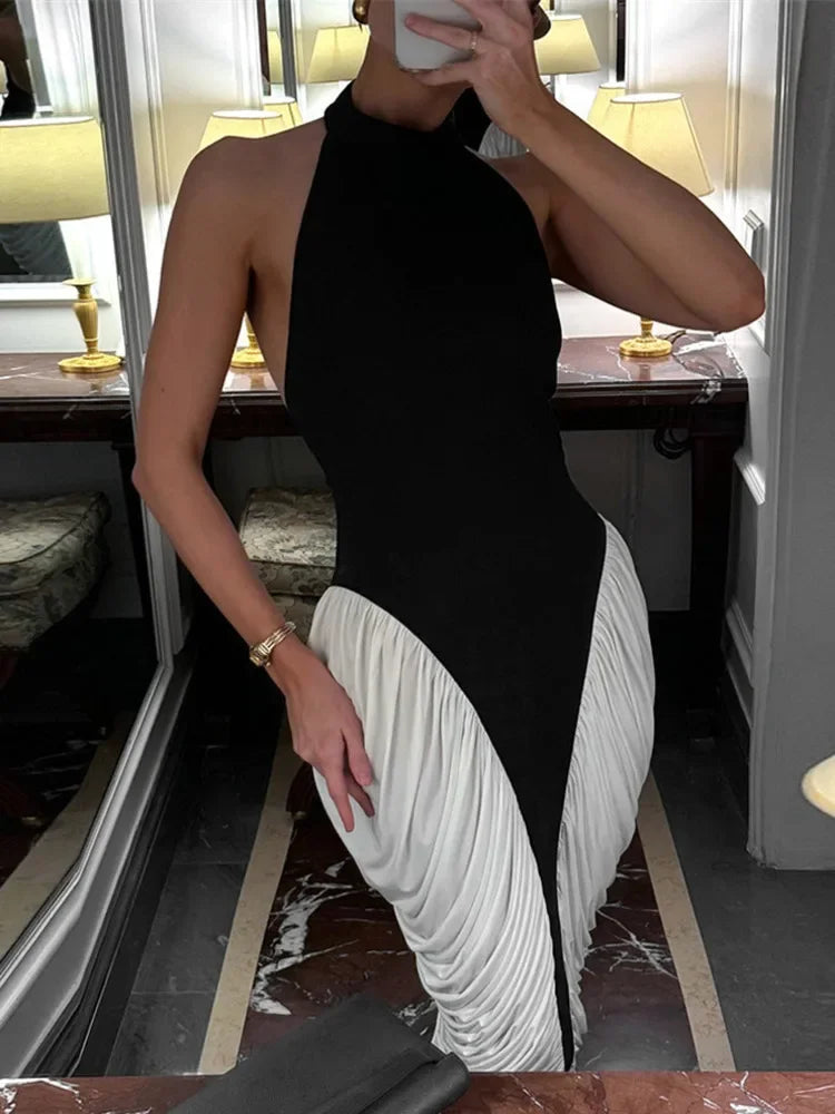 Elegant Patchwork Halter Midi Dress