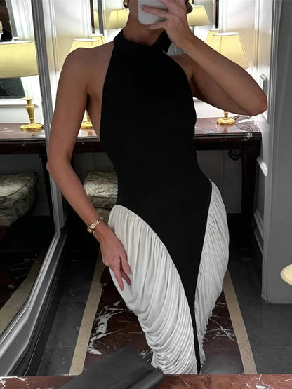 Elegant Patchwork Halter Midi Dress