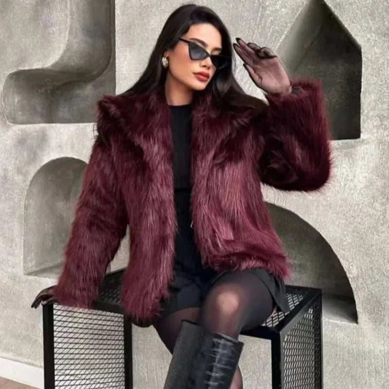 Plush Burgundy Crop Fur Jacket