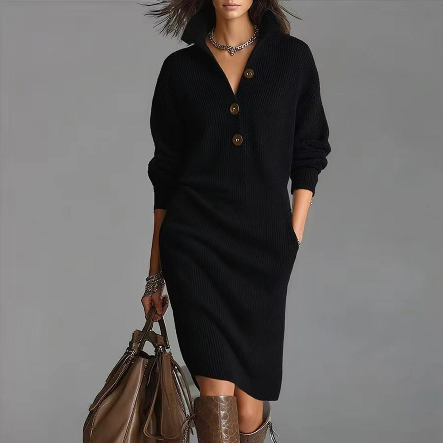 Casual Button Loose Mid-Length Knitting Sweater Dress