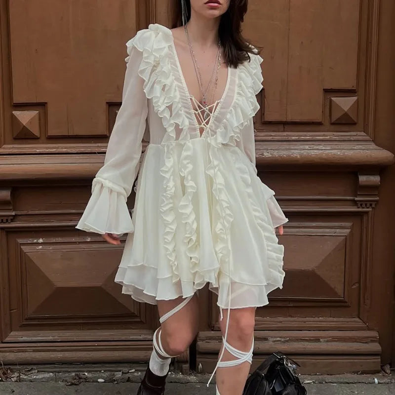Sexy Sheer Lace Mesh Shirt Dress