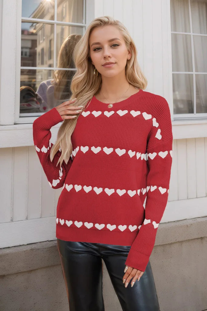 Cute Heart Print Knit Pullover Sweater