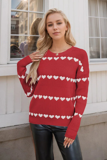 Cute Heart Print Knit Pullover Sweater