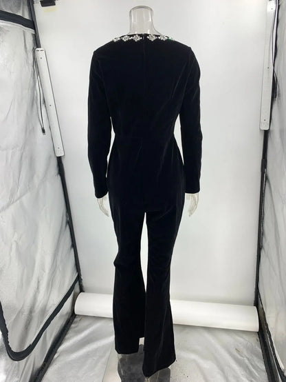 Black Velour Flare Jumpsuit