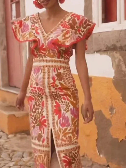 Backless Ruffle V-Neck Maxi Dress