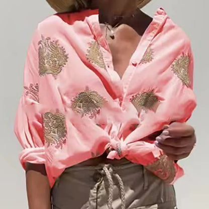 Autumn 3D Print Button-Up Shirt