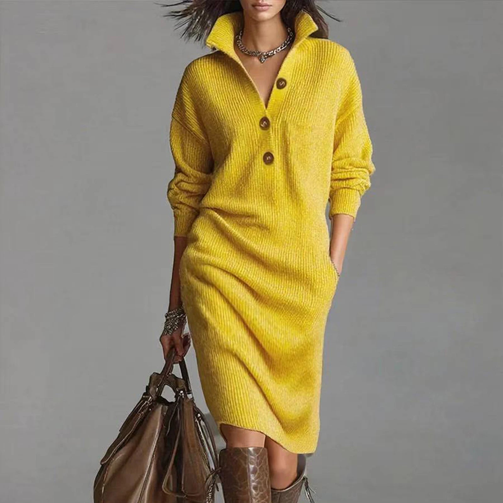 Casual Button Loose Mid-Length Knitting Sweater Dress – Rich Allure Casual Button Loose Mid-Length Knitting Sweater Dress – Rich Allure