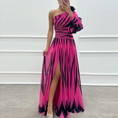 Striped Allure One-Shoulder Dress