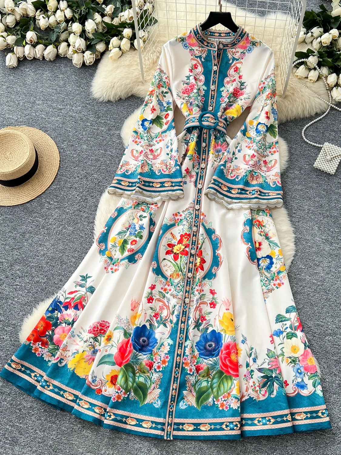 Royal Bloom Cinched Waist Maxi Dress