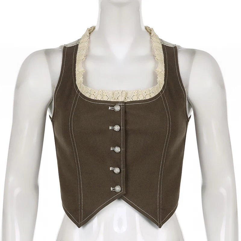 Fairy Core Lace Patchwork Denim Vest