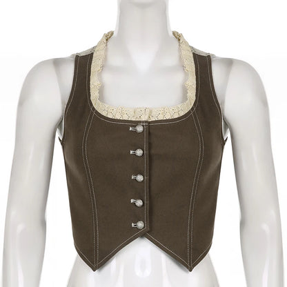 Fairy Core Lace Patchwork Denim Vest