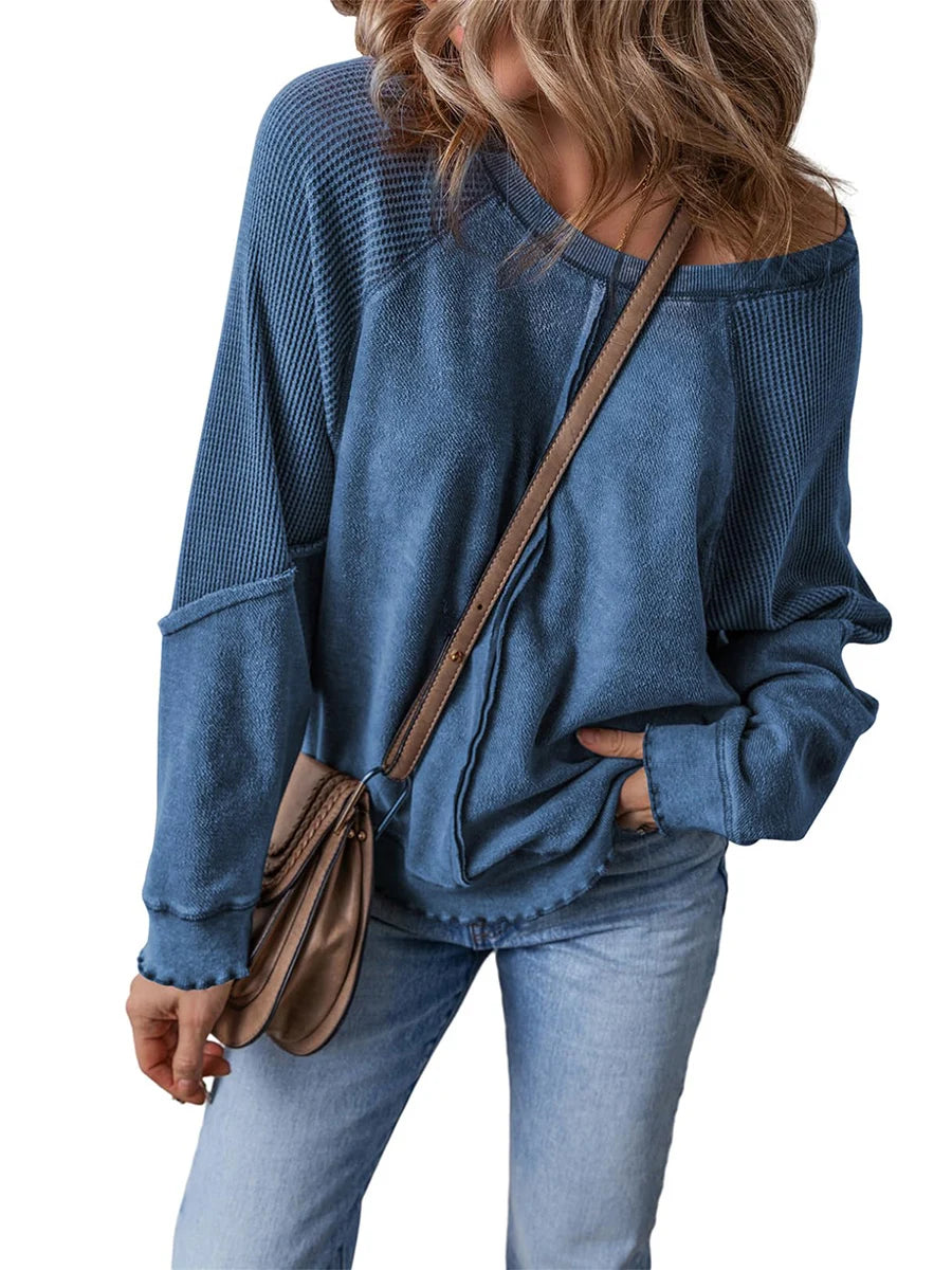 Patchwork Charm Waffle Knit Pullover