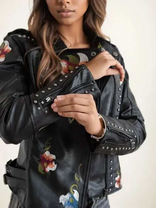Floral Embroidered Biker Jacket