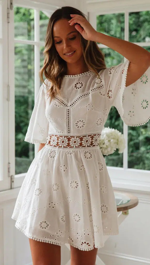 Embroidered Bloom Backless Cotton Dress