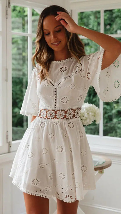 Embroidered Bloom Backless Cotton Dress