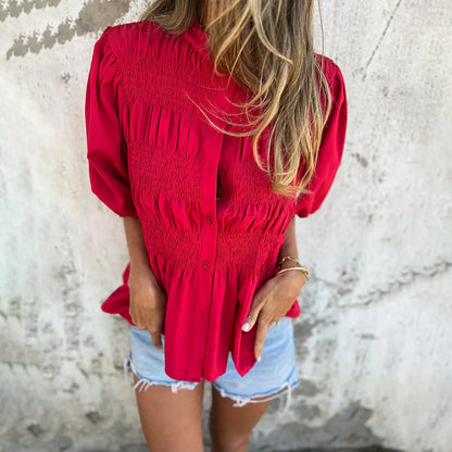Lantern Sleeve Stand Collar Blouse