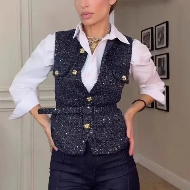 Glam Sequin Belted Vest