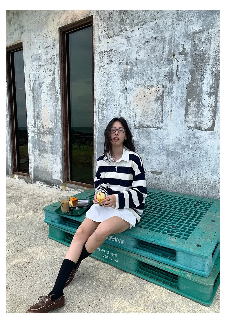 Loose Fit Striped Polo Sweatshirt