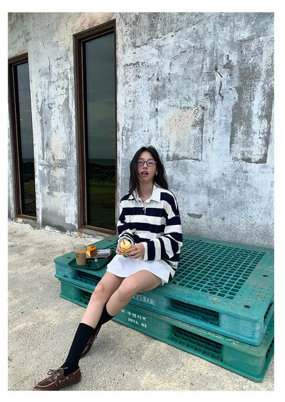 Loose Fit Striped Polo Sweatshirt