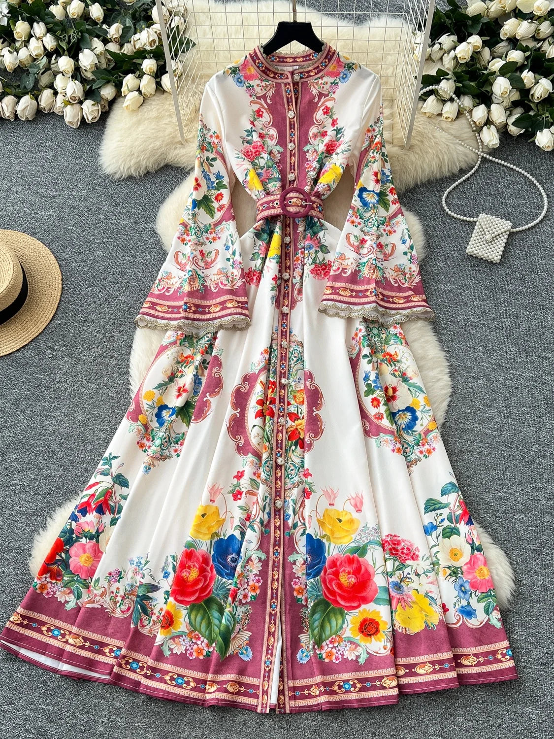 Royal Bloom Cinched Waist Maxi Dress