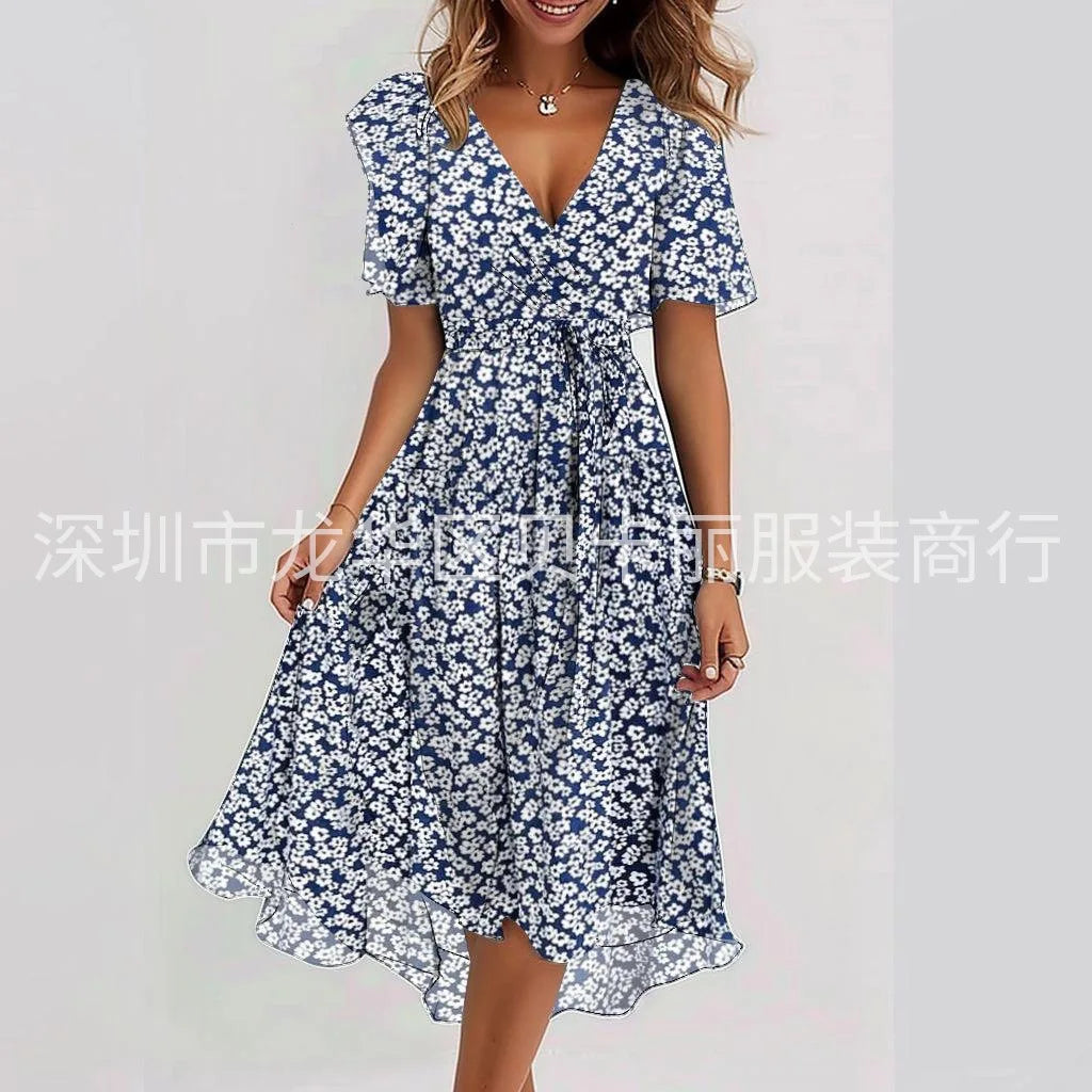 Printed V-Neck Knee Dress