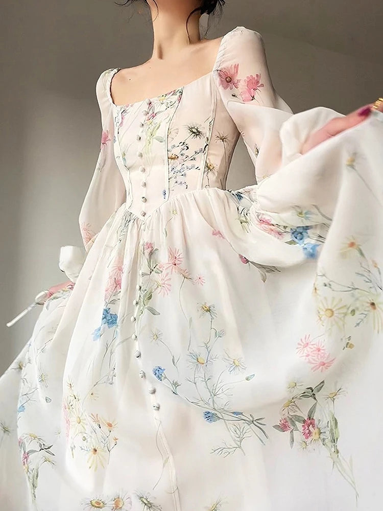 Vintage Square Neck Floral Dress