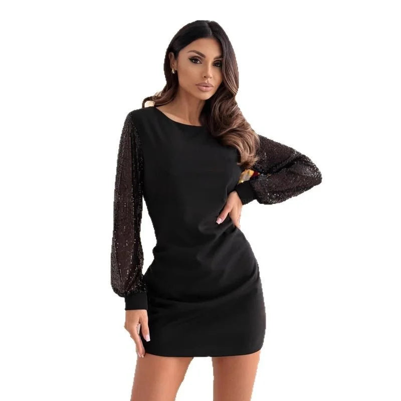 Sequin Patchwork Dress — Elegant Round Neck Midi