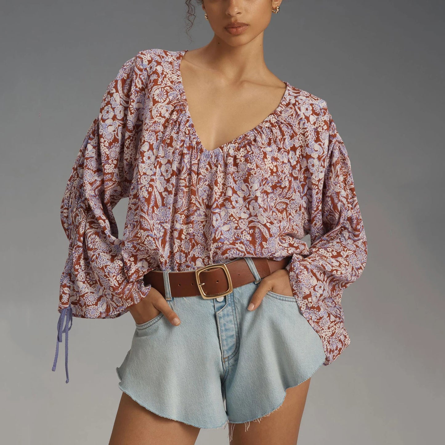 Boho Bloom Lace-Up Floral Blouse