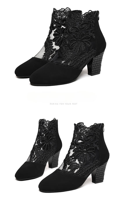 Lace Bloom Hollow Ankle Heels