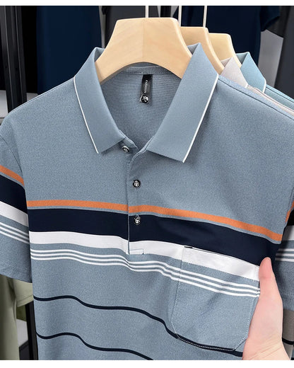 Luxury Color-Block Striped Polo Shirt
