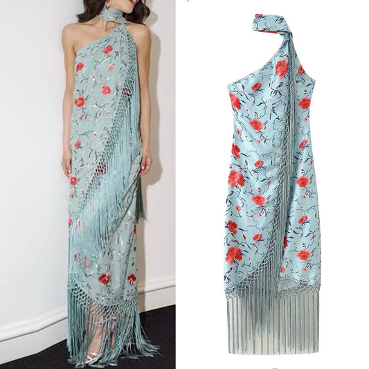 Tassel Glow One-Shoulder Maxi Dress