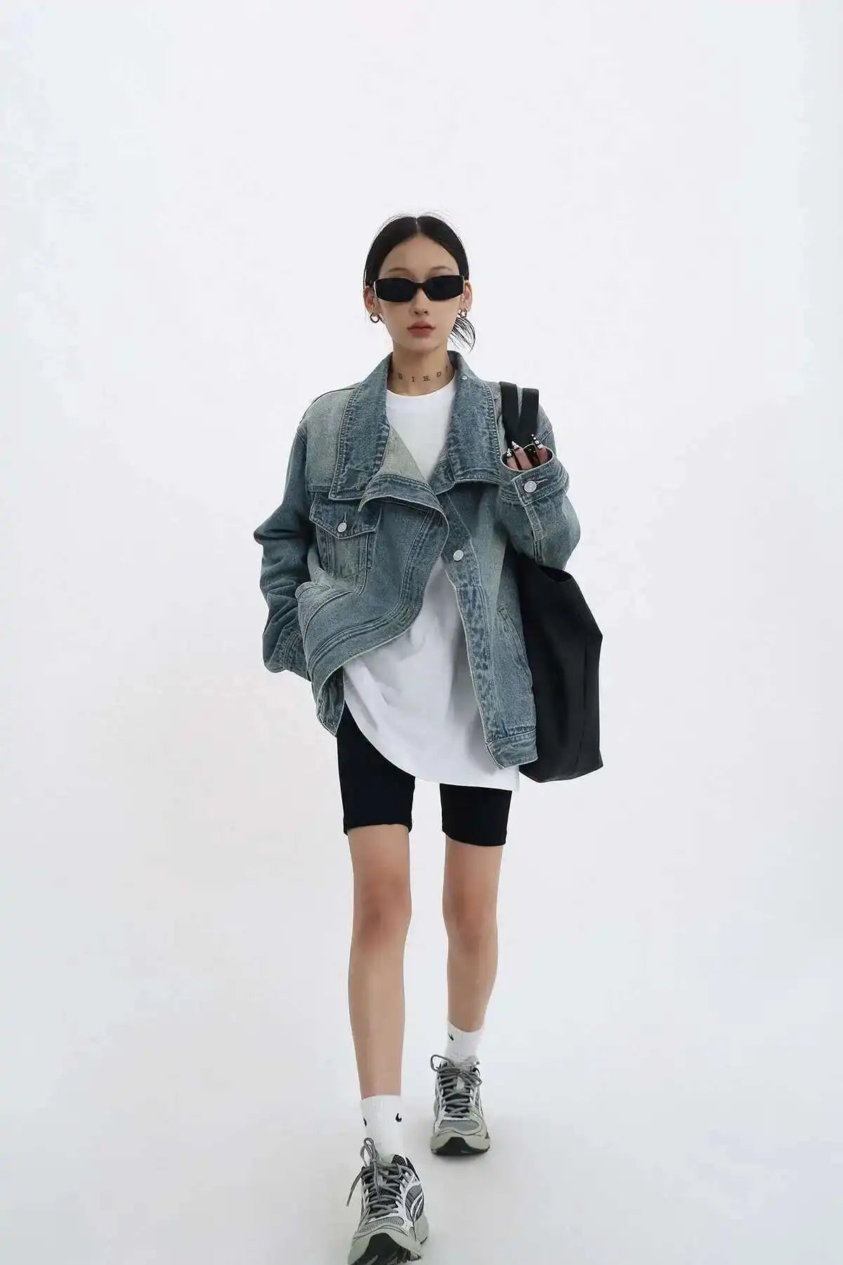 Denim Charm Patchwork Turtleneck Coat