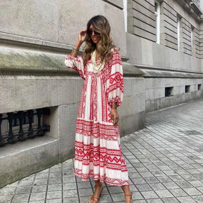 Geometric Print Bubble Sleeve Dress