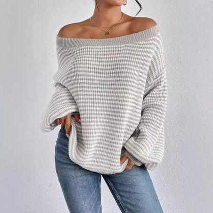 Stripe Lace Lantern Sleeve Knit Top