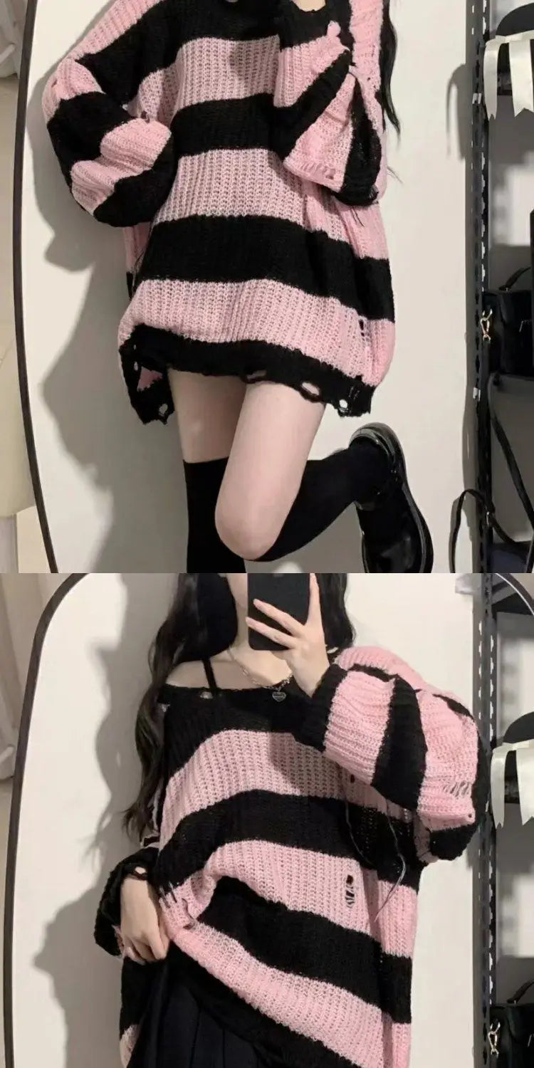 Black & Pink Striped Knitted Sweater