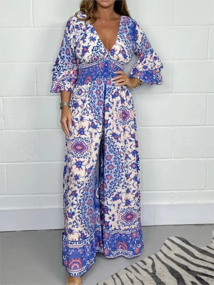 V-Neck Printed Short Jumpsuit