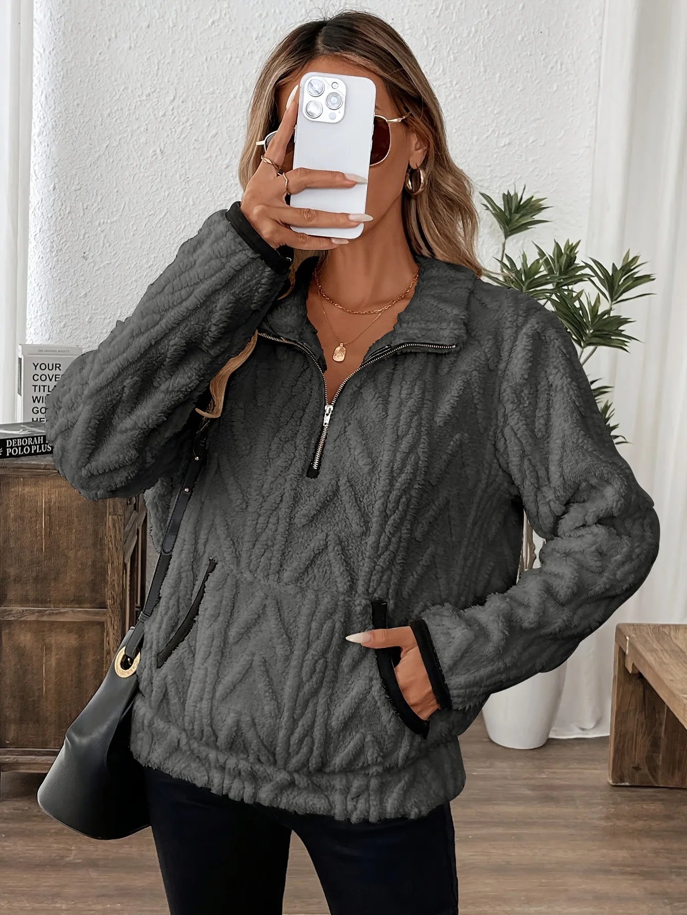 Wool Blend Patchwork Zip Hoodie