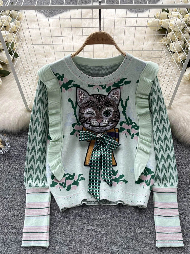 Whimsical Charm Cat Embroidered Sweater