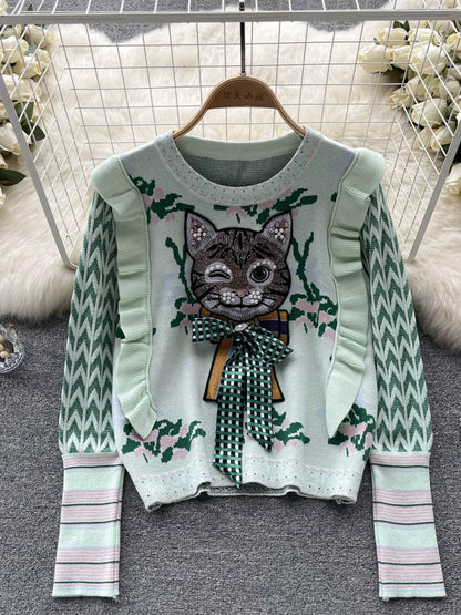 Whimsical Charm Cat Embroidered Sweater