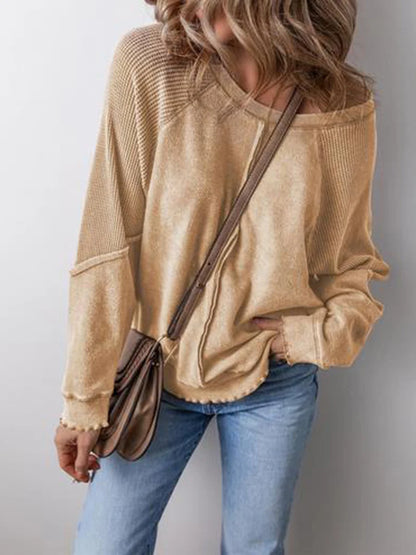 Patchwork Charm Waffle Knit Pullover