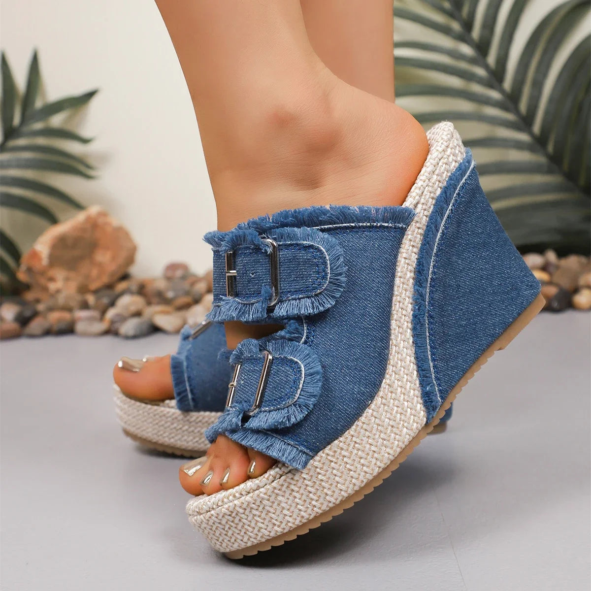 Denim Wedge Platform Buckle Sandals