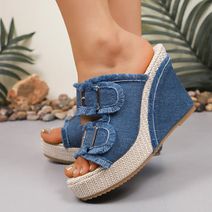 Denim Wedge Platform Buckle Sandals