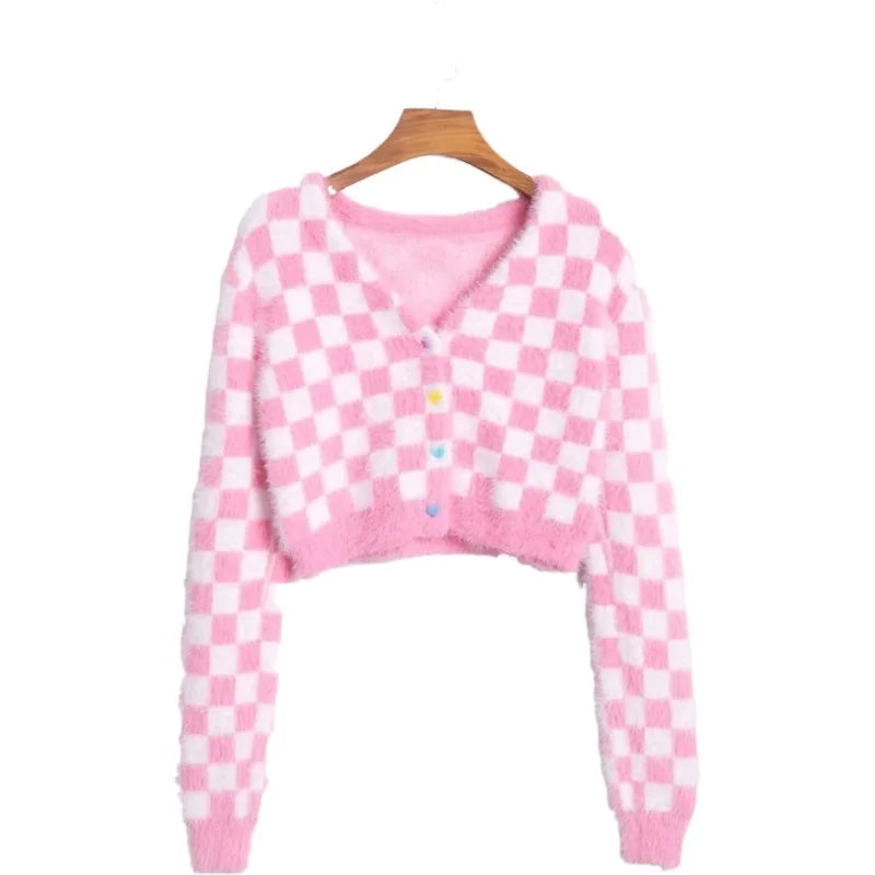 Rose Whisper V-Neck Plaid Cardigan