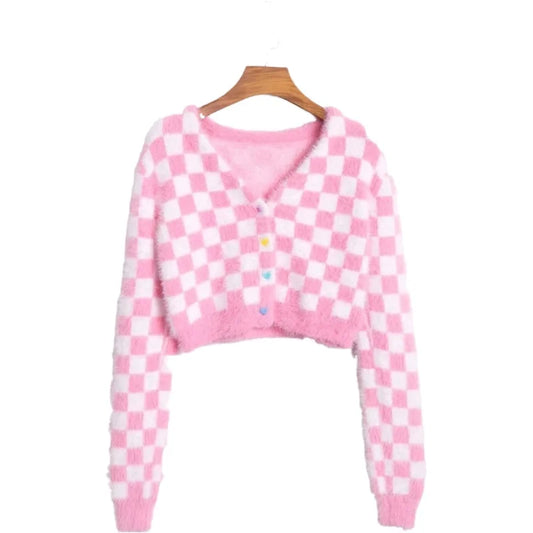 Rose Whisper V-Neck Plaid Cardigan