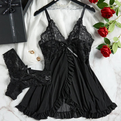 Lace V-Neck Tulle Lingerie Set