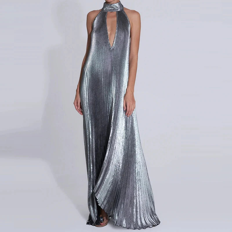 Gilded Glow Halter Swing Dress