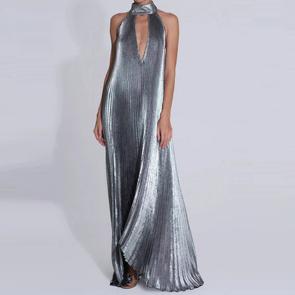 Gilded Glow Halter Swing Dress