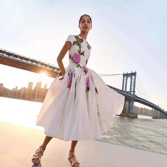 Flora Retro Pleated Satin Midi Dress