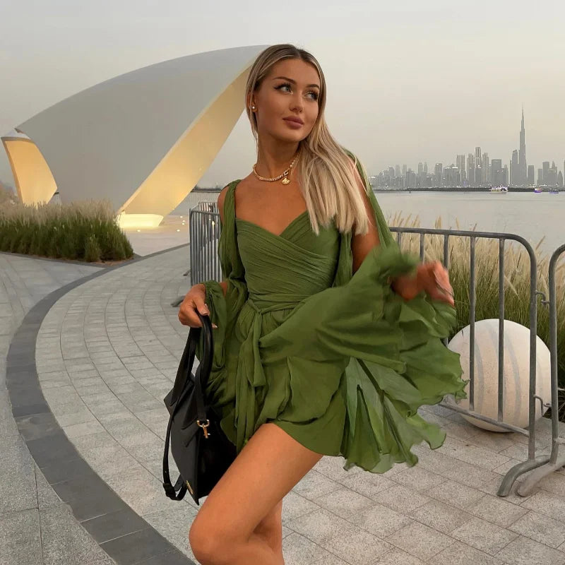 Chic Backless Pleated Tie Mini Dress