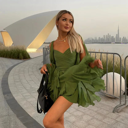 Chic Backless Pleated Tie Mini Dress